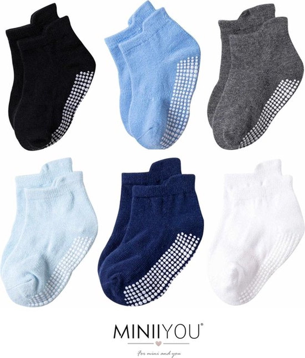 6 Paires - Chaussettes Antidérapantes Enfant Bébé - 6-12 Mois - Blauw Grijs - Chaussettes basses - Qualité Améliorée