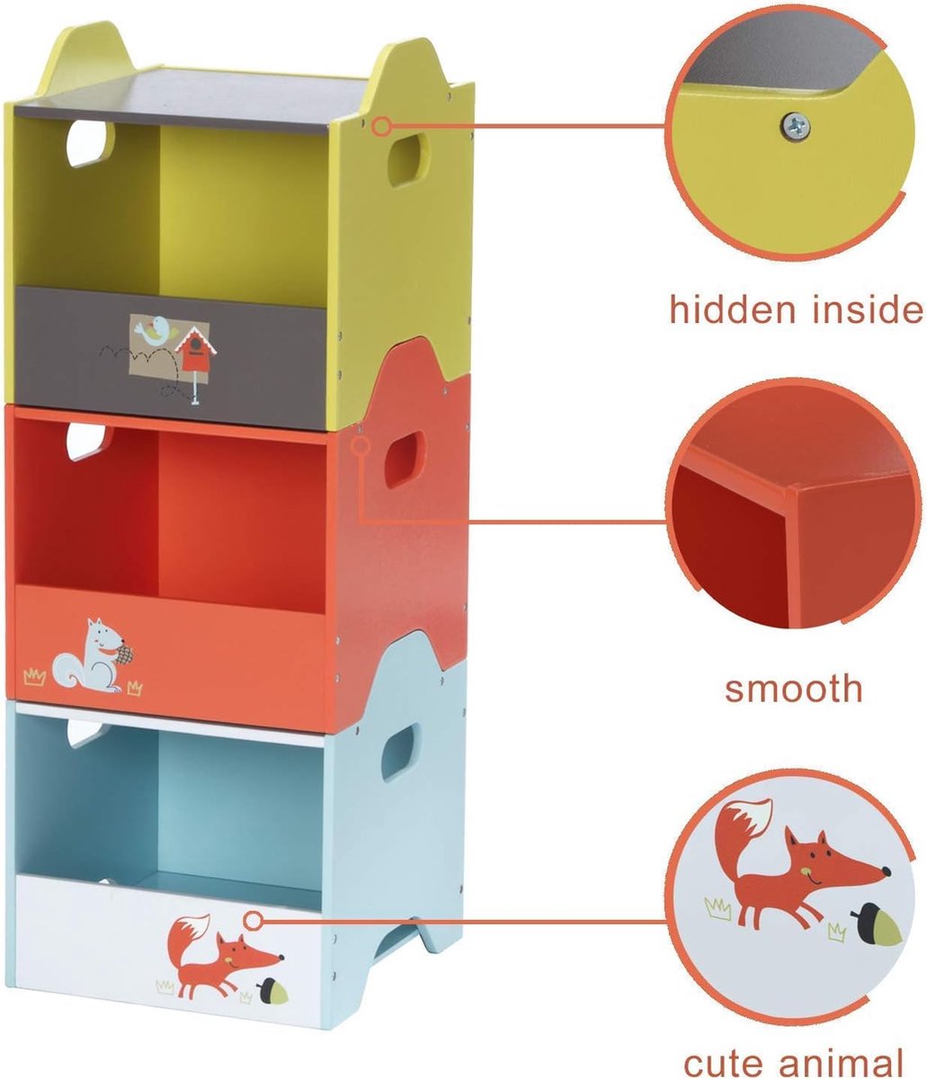 3 Set de boîtes de rangement en bois colorées pour jouets d'enfants, orange/jaune/bleu