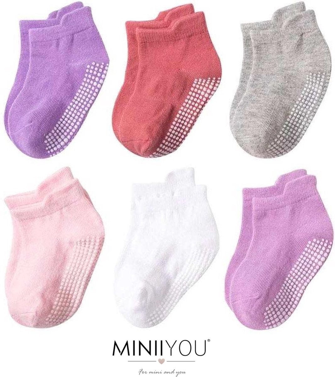 6 Paires - Chaussettes Antidérapantes Enfant Bébé - 1-3 ans - Violet Rose - Chaussettes basses