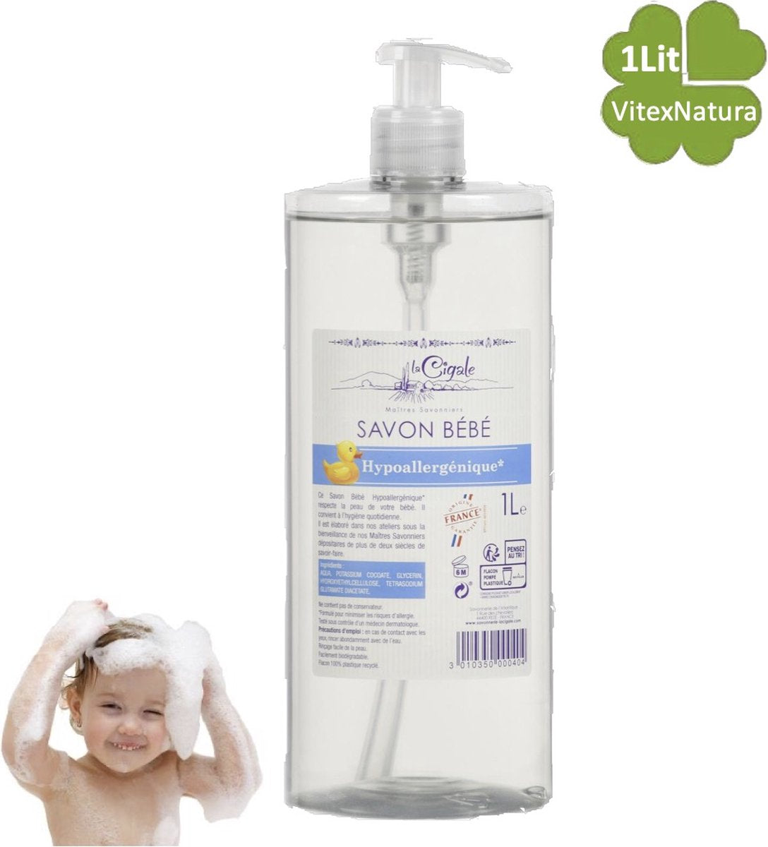 * Pack bénéfice * de La Cigale Neutral ♥ Savon de Marseille Bébé 100g et liquide 1L Hypoallergénique. Sans conservateur, colorant, parfum