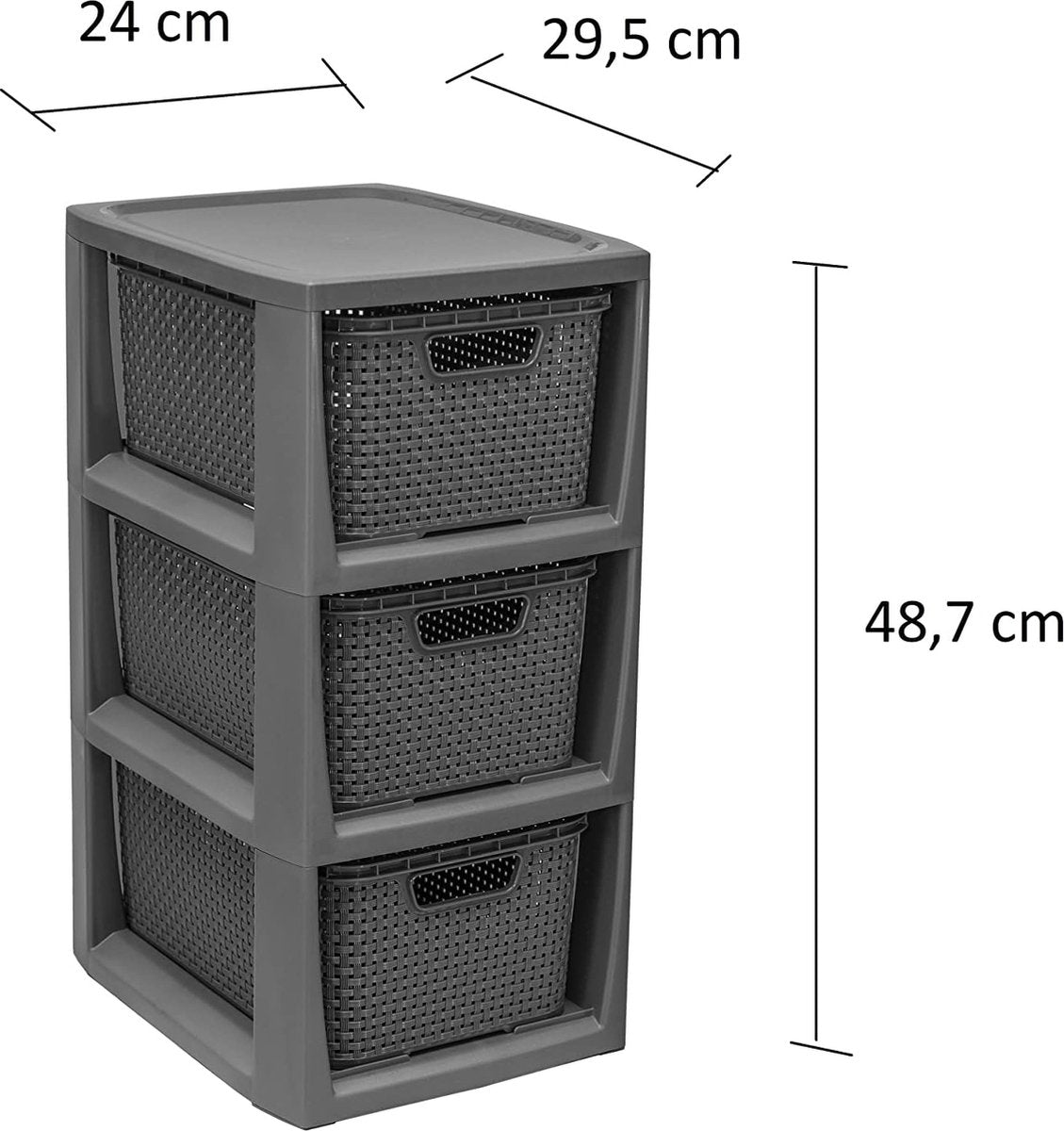 100% plastique recyclé PP, écologique, étagère en rotin, 29,5 x 24 x 48,7 cm, 3 paniers, écologique, anthracite