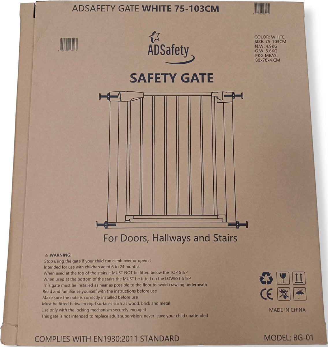 ADSafety Barrière d'escalier sans Embouts - 75 à 103 cm - Fixation à pince - Barrière de sécurité à fermeture automatique - Barrière enfant - Clôture pour chien - Wit