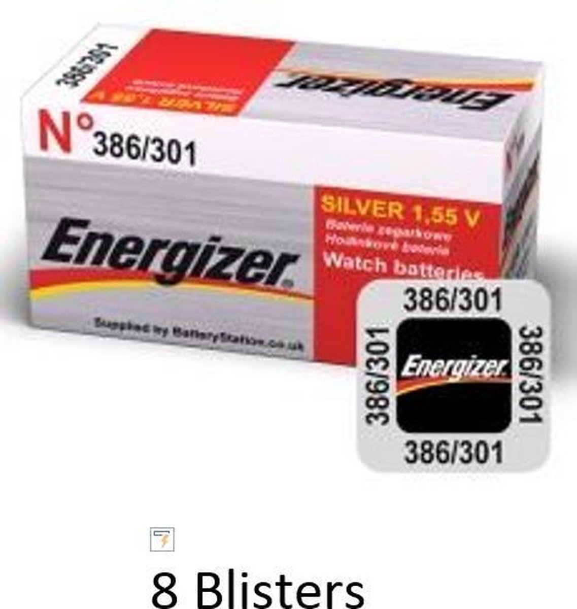 8 pièces (8 blisters pour 1 pièce) Pile bouton à oxyde d'argent Energizer 301/386