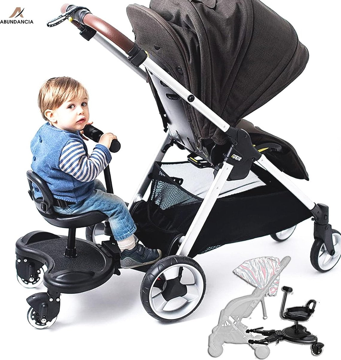 Abundancia® - Landau/Buggy Deluxe à roulettes - Universel - Avec crochet pour sac - Incl. siège enfant avec poignée - Ajustable - Zwart