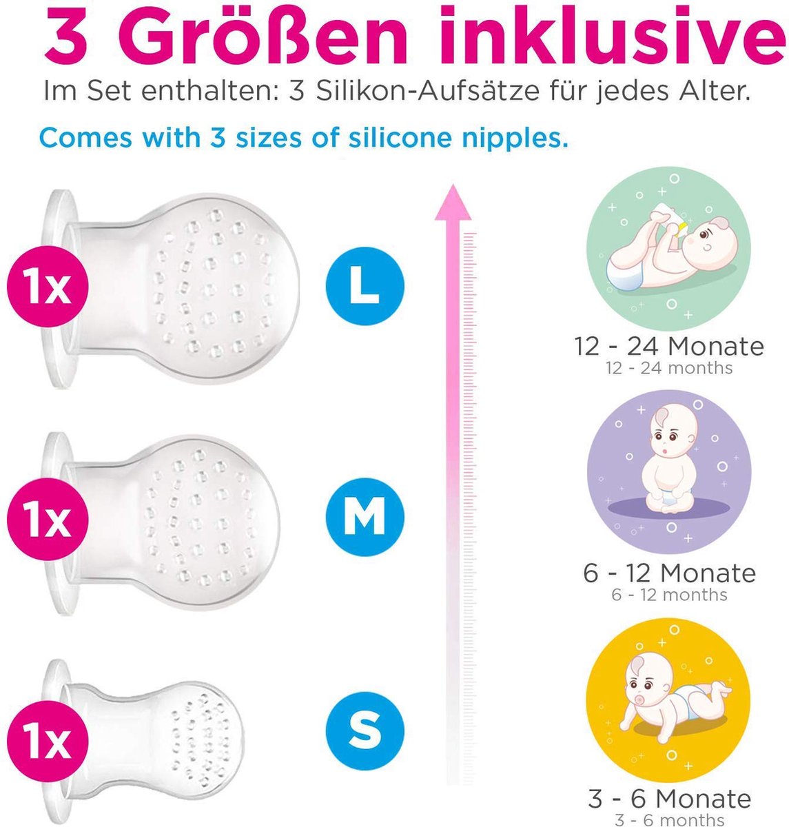 2 tétines à fruits pour bébés, jeunes enfants, 6 tétines de remplacement en 3 tailles - rose/blanc, 1 pièce (1 paquet) en silicone