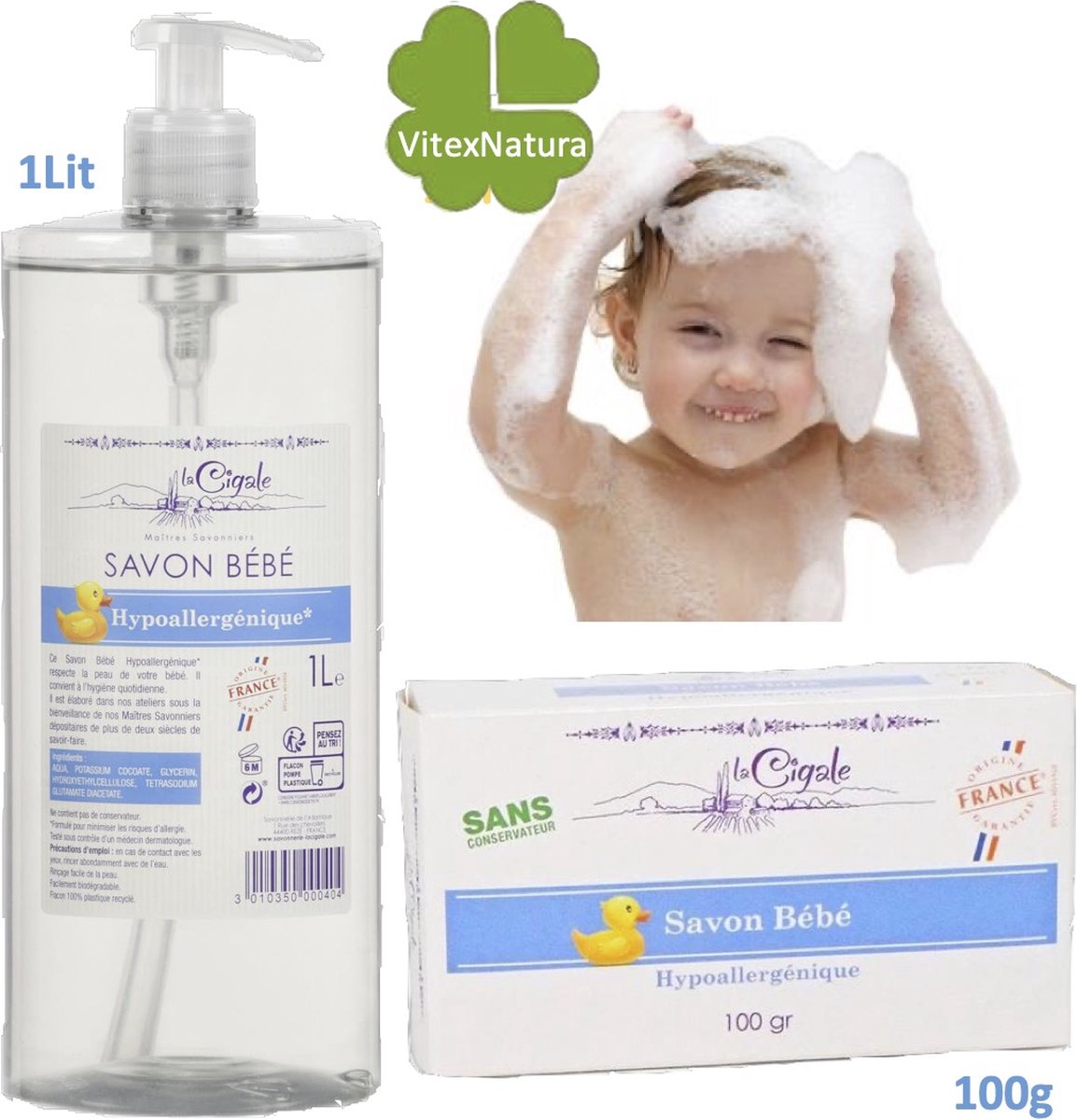 * Pack bénéfice * de La Cigale Neutral ♥ Savon de Marseille Bébé 100g et liquide 1L Hypoallergénique. Sans conservateur, colorant, parfum