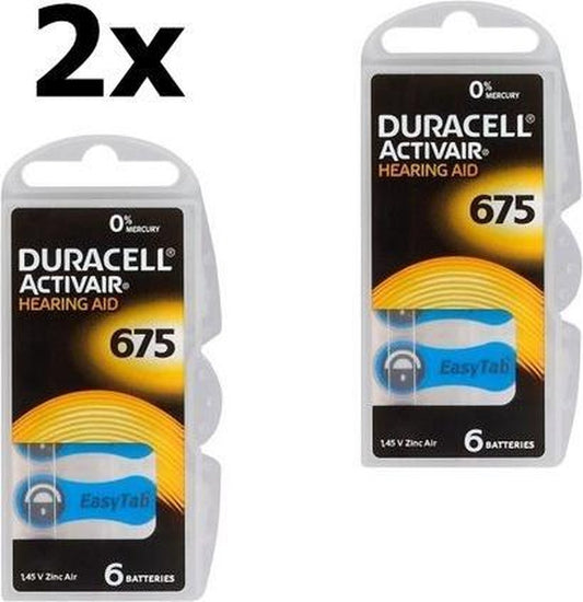 12 pièces (2 blisters de 6 pièces) - Duracell ActivAir 675 MF Hg 0% pile pour appareil auditif 650mAh 1.45V