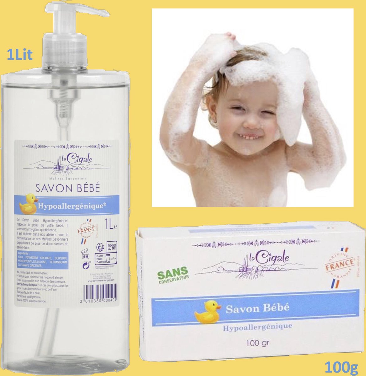 * Pack bénéfice * de La Cigale Neutral ♥ Savon de Marseille Bébé 100g et liquide 1L Hypoallergénique. Sans conservateur, colorant, parfum