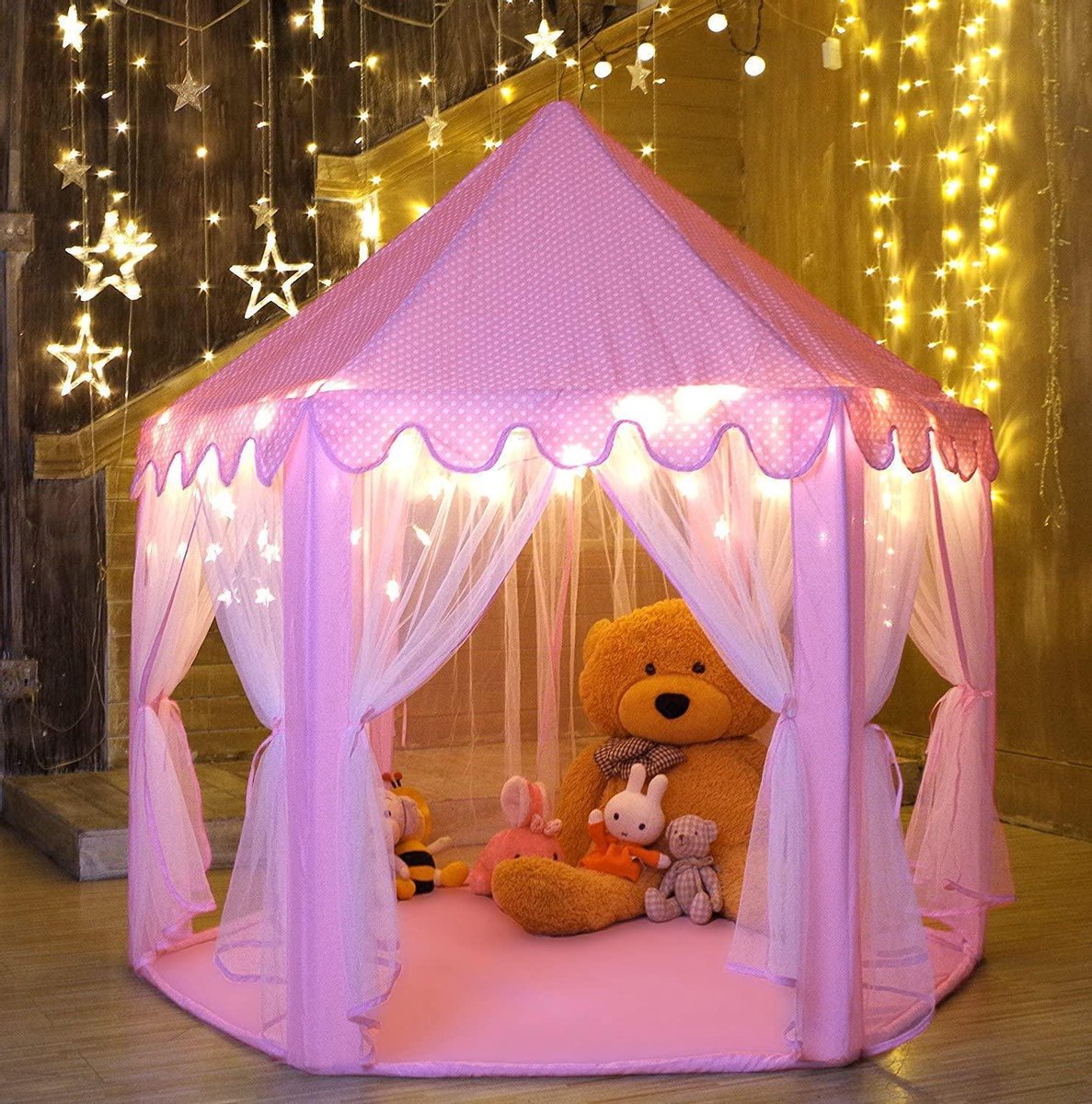 55 "x 53" Princess Castle Game Tente - Salle de jeux pour filles - Salle de jeux pour enfants - Jeux intérieurs et Outdoor Games- Pink- Livré avec des lumières LED