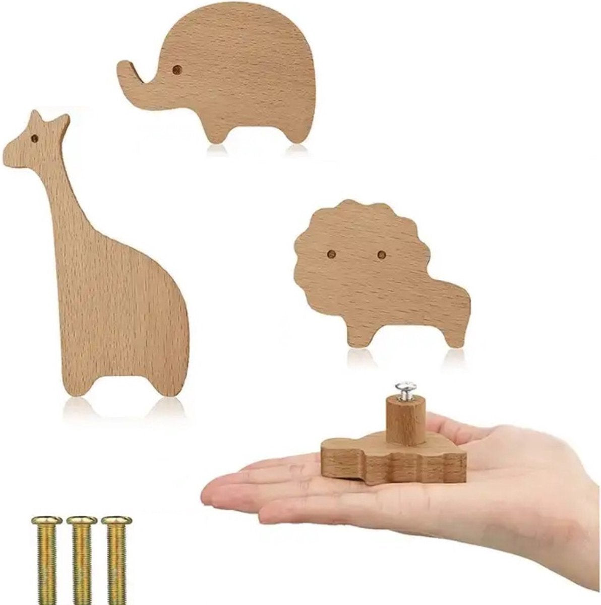 3 pièces - Bouton d'armoire en bois Animaux - Bouton de tiroir - Bouton de meuble - Décoration chambre d'enfant - Lion Girafe Éléphant