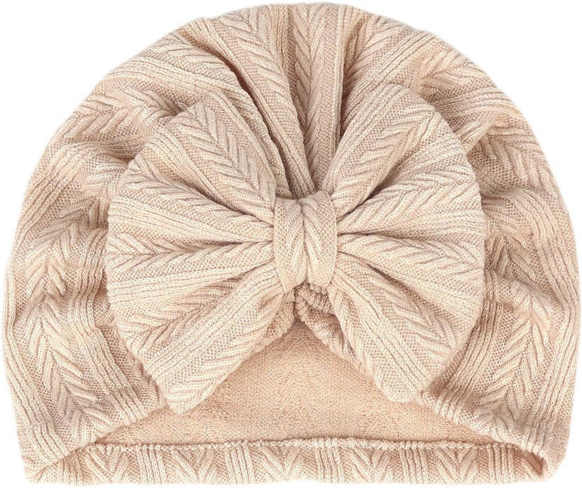 2 Pièces - Turban Bonnets Bébé Filles - Gros Noeud - Beige Rose - 3-15 mois