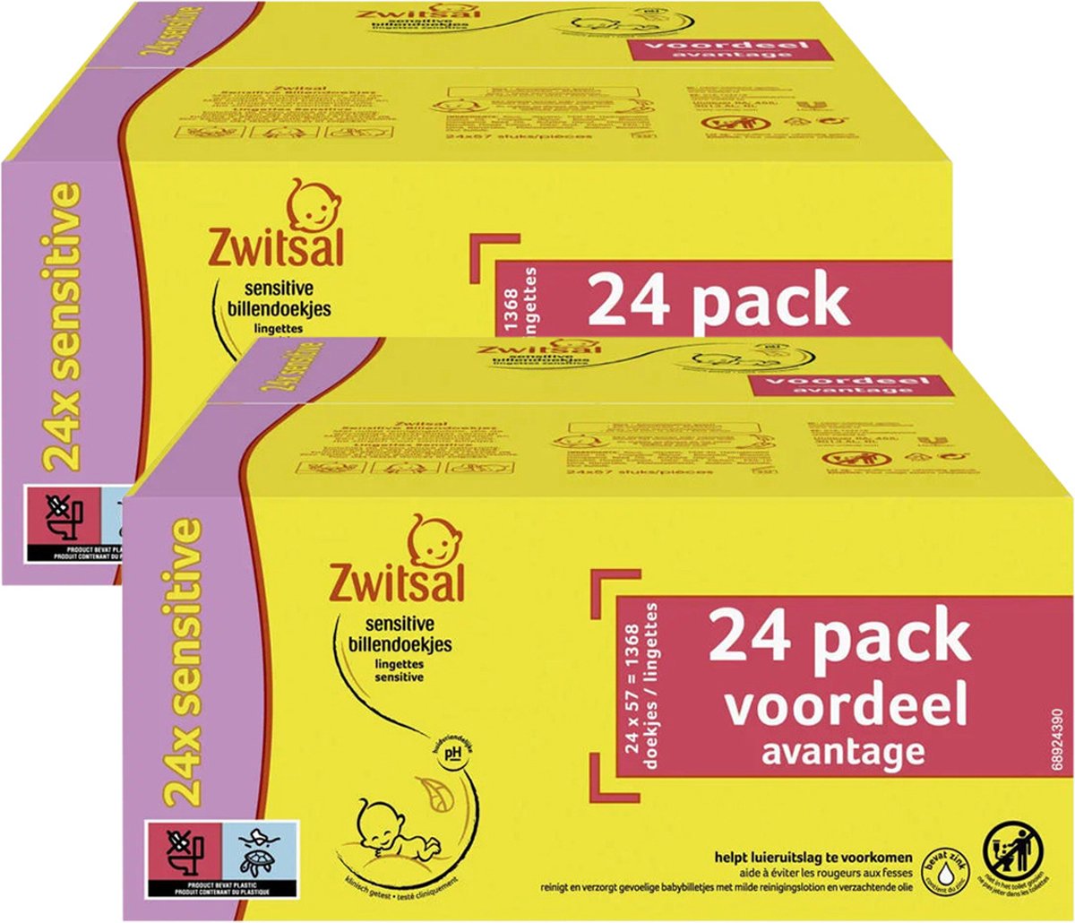 Zwitsal - Lingettes Sensitive - Sans alcool - 2736 Lingettes pour bébé - 48 x 57 - Boîte Mega Value