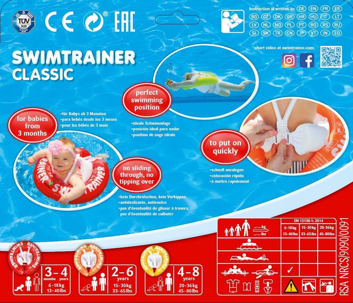 2 x SWIMTRAINER RED (de 3 mois à 4 ans) + POMPE À MAIN LIBRE (Homologation: CE - TüV- EN 13138-1: 2014)