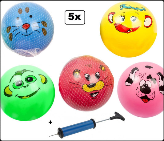 5x Play ball visage d'animal 23 cm en différentes couleurs avec pompe à balle - ballon de football play ball beach street ball chaussure présente Sinterklaas