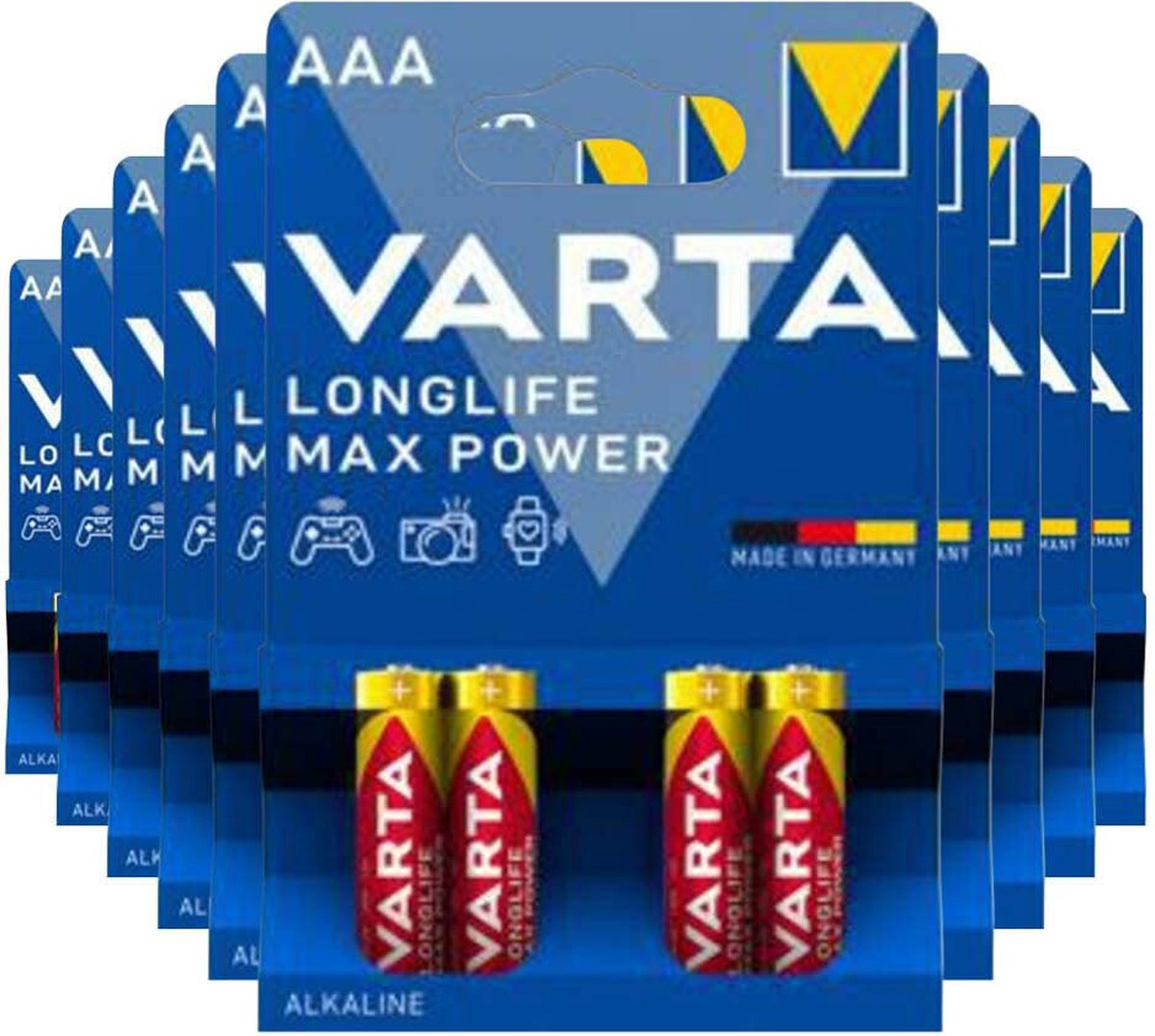 10x Piles alcalines Varta Longlife Max Power AAA 4 pièces