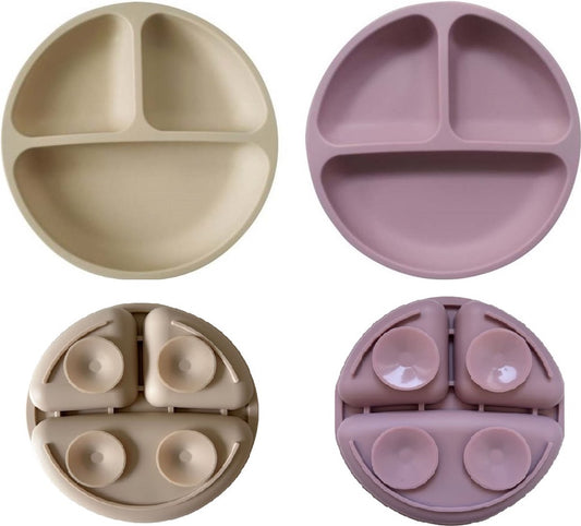 2 Pièces - Assiette Enfant - Assiettes Bébé avec 4 ventouses - Beige et Rose