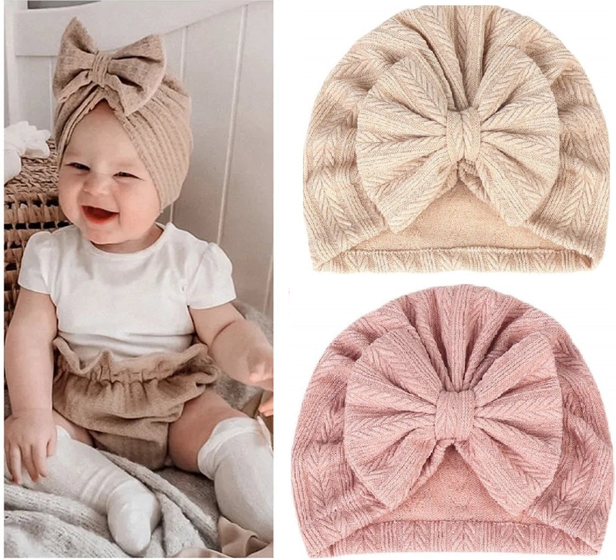 2 Pièces - Turban Bonnets Bébé Filles - Gros Noeud - Beige Rose - 3-15 mois