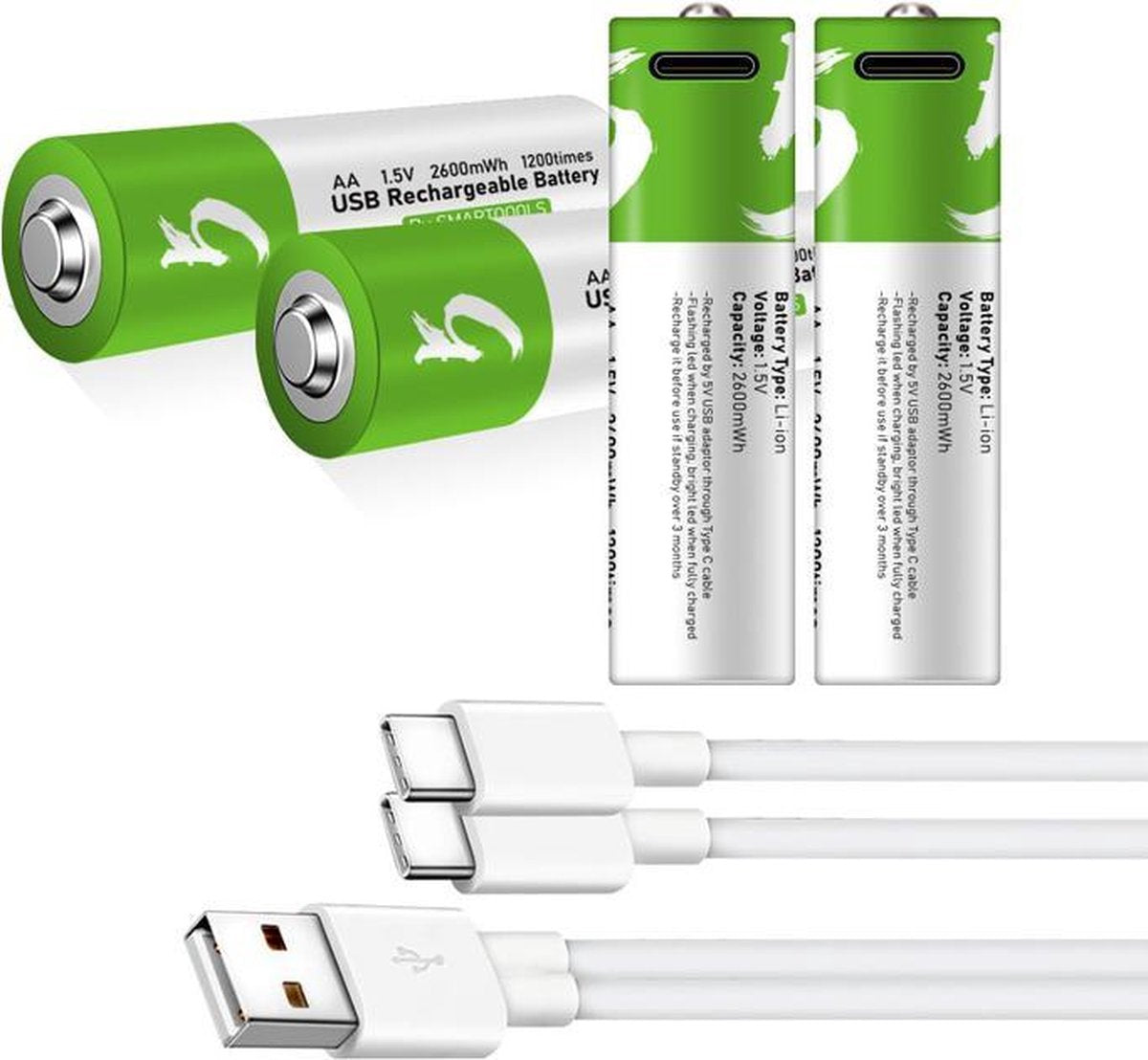 4x piles AA rechargeables - avec cordon de chargement / chargeur USB-C - <1200x cycle de recharge