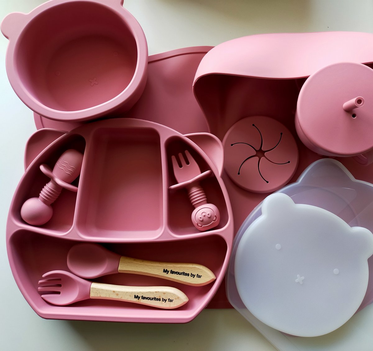 8 pièces en Siliconen rose Kinderserviesset -Sans BPA-signes-ventouse- Enfants Couverts pour enfants Couverts pour enfants kinderbestekset-dalle Bib-collation stand-plateau de fruits coffret cadeau de luxe coffret cadeau avec noeud