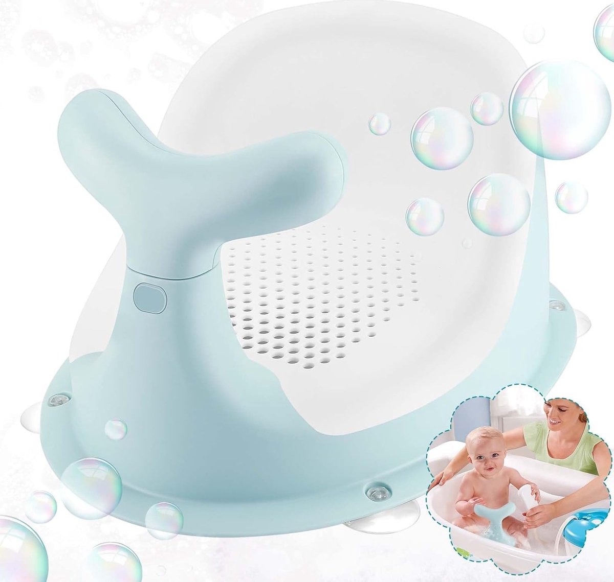 Adorable siège de bain pour bébé en forme de baleine, coussin en maille de silicone respirant et élastique, dossier ergonomique, 4 ventouses puissantes et antidérapantes, à partir de 6 mois (vert)