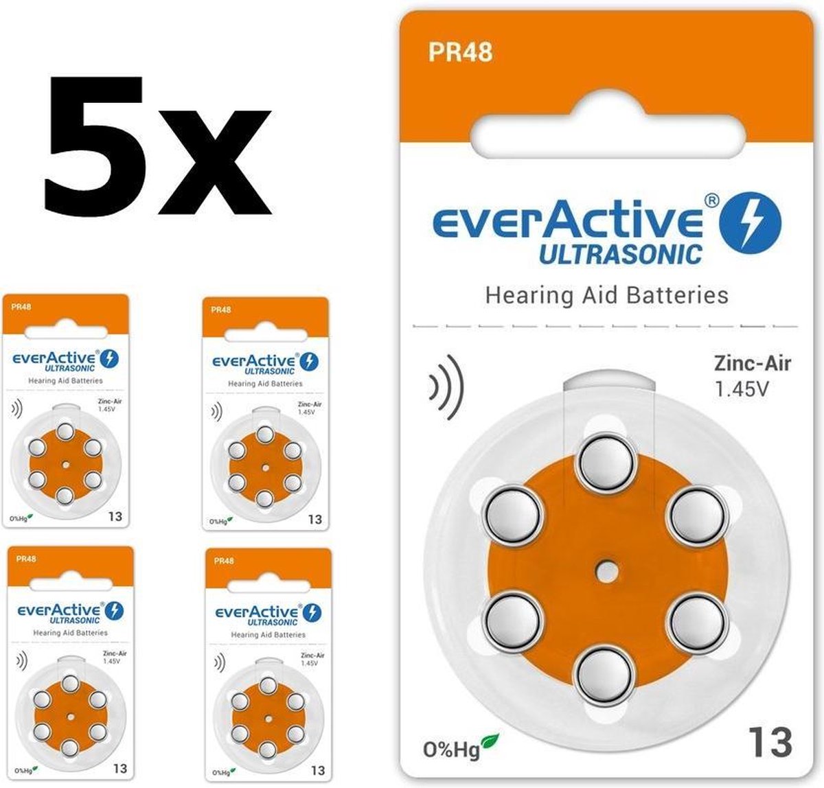 30 pièces (5 blisters de 6 pièces) - everActive ULTRASONIC 13 1.45V Piles pour prothèses auditives