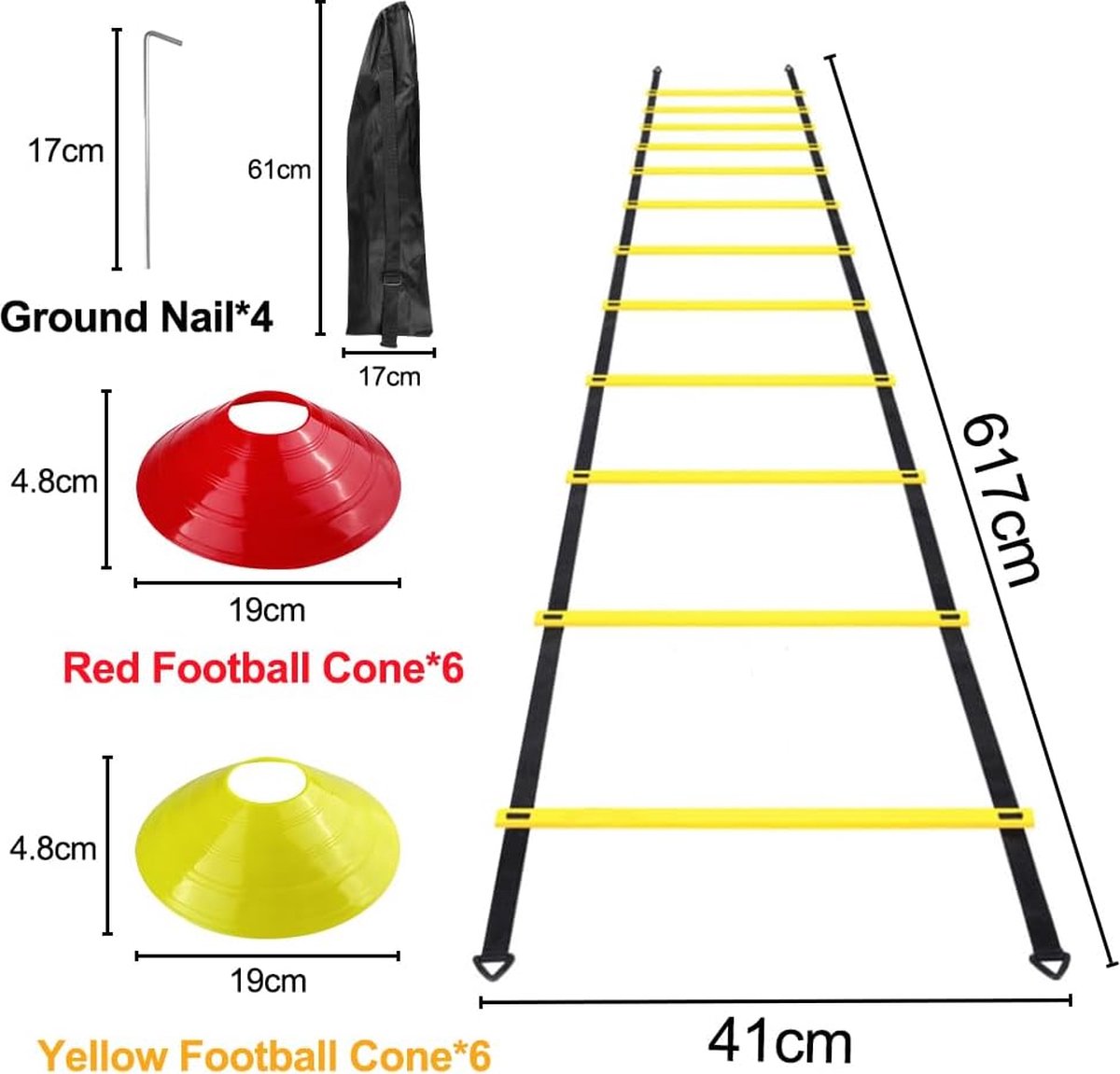 Accessoires d'entraînement de football, échelle de coordination, échelle d'entraînement, échelle de coordination avec 12 chapeaux, 4 poteaux, kit d'entraînement de football, équipement, accessoires, entraînement de football