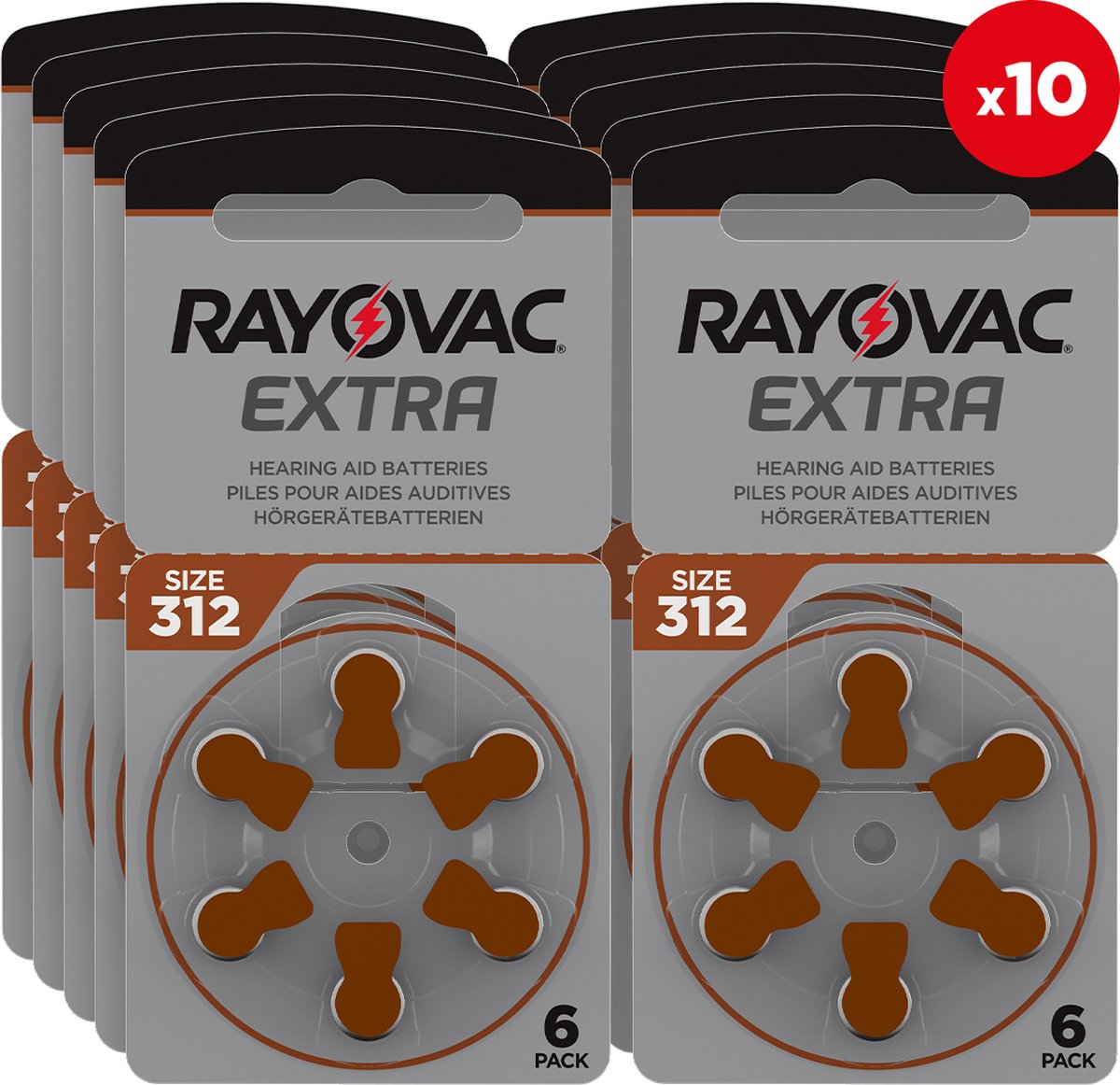 60 pièces (10 blisters a 6 pcs) Rayovac Extra Advanced 312 / PR312 / PR41 Piles pour prothèses auditives