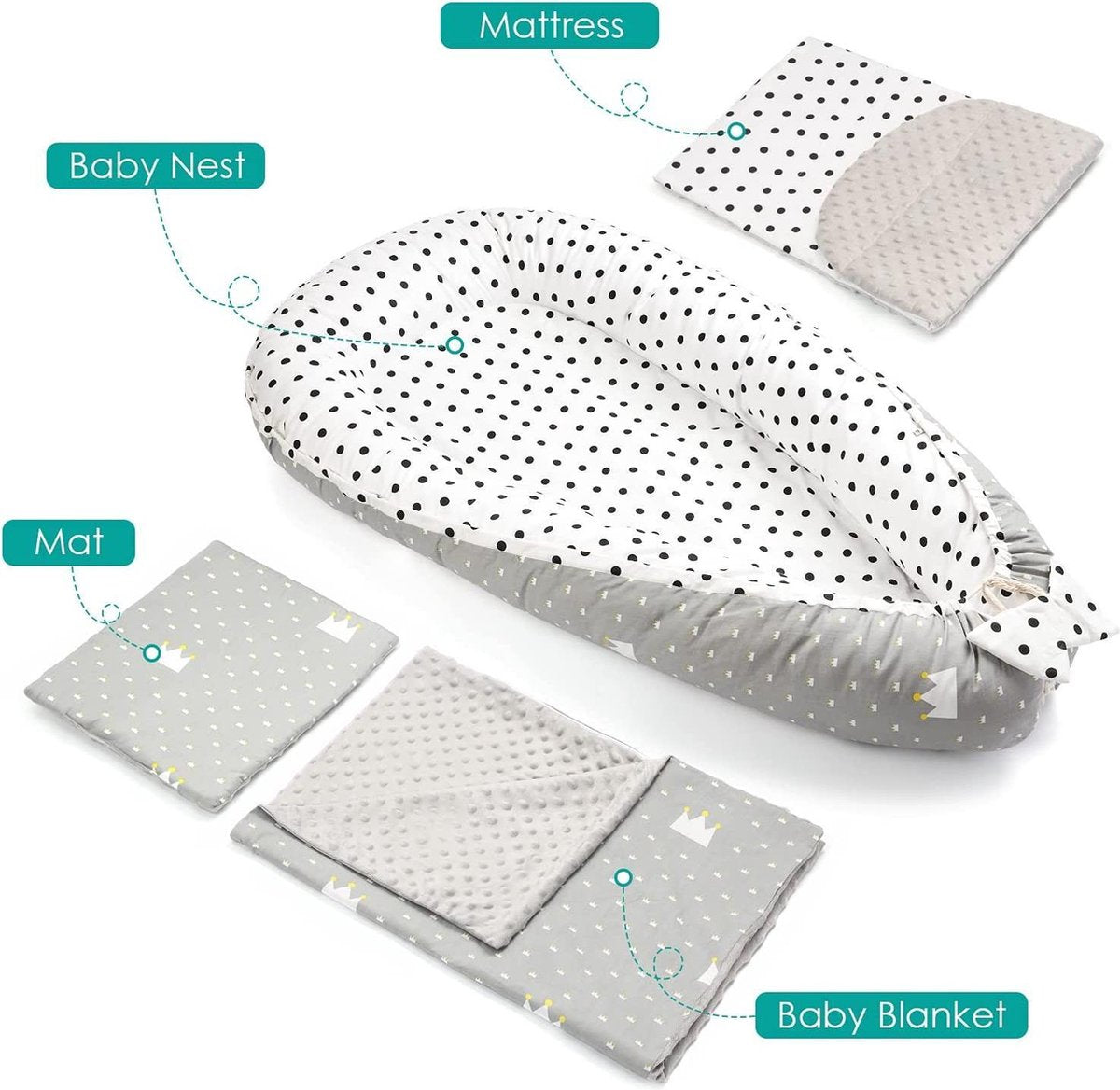 5 pièces équipement bébé ensemble inclus nid bébé 50x90 cm, oreiller cou, kussen plat, matelas bébé, doudou -. Anti-allergène, câline doux, avec des animaux doux, pour les bébés de 0 à 7 mois Oiseaux