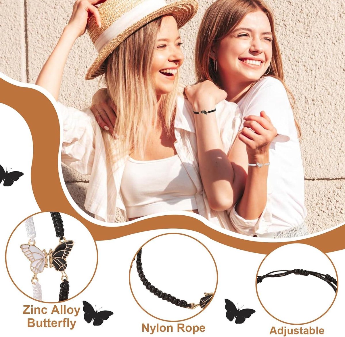 2 bracelets d’ Friends Butterfly Best réglables - Bracelets Ruzister BFF - Bracelets d’amitié avec pendentifs