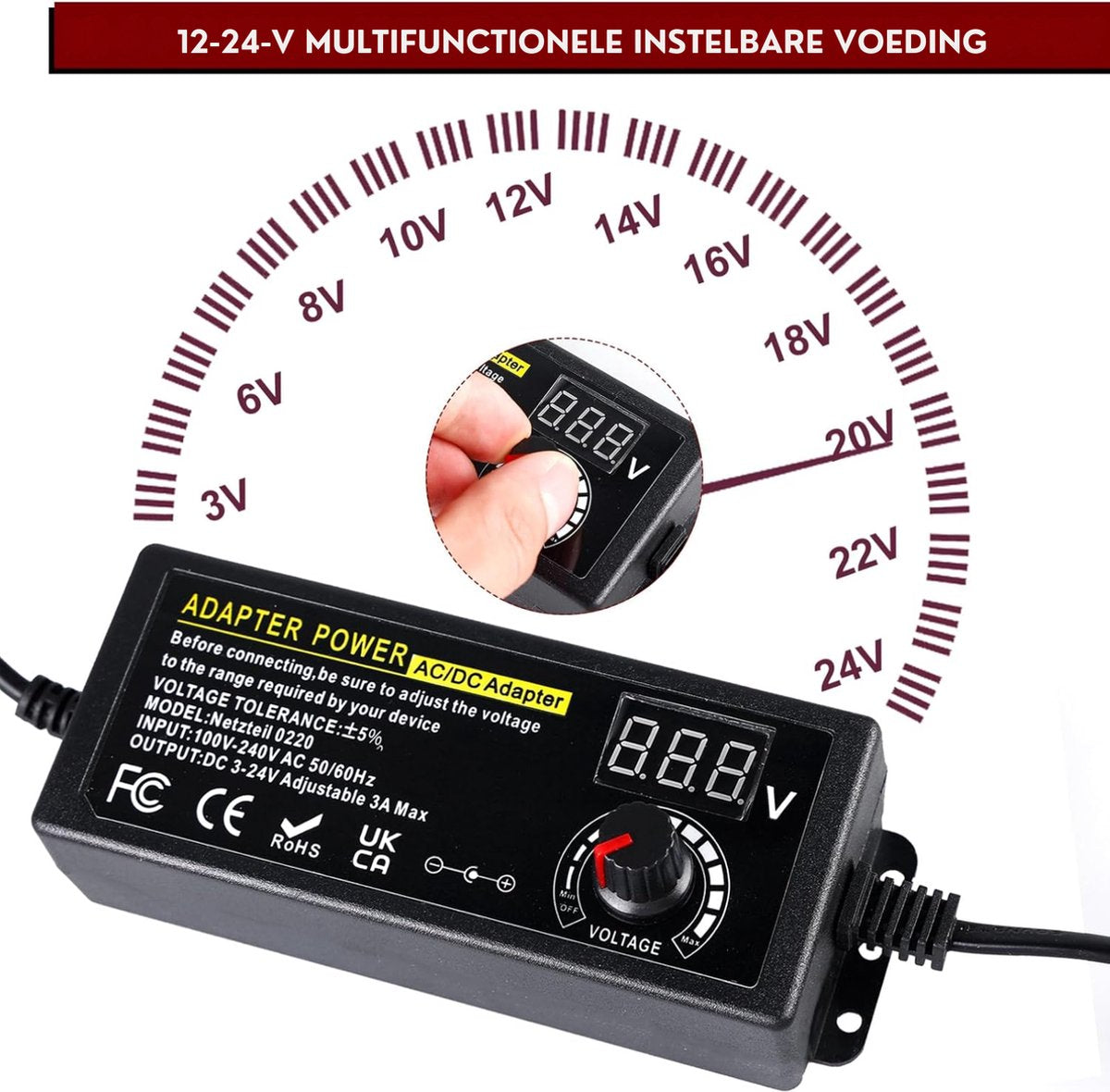 Adaptateur secteur réglable 3 V-24 V - Chargeur universel avec indicateur de tension LED