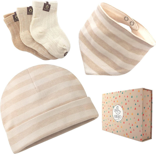 100% Bio, Cadeau de naissance - cadeau bébé fille et garçon - bonnet/foulard/chaussettes avec carte de voeux - 100% coton bio, beige, 9 pièces