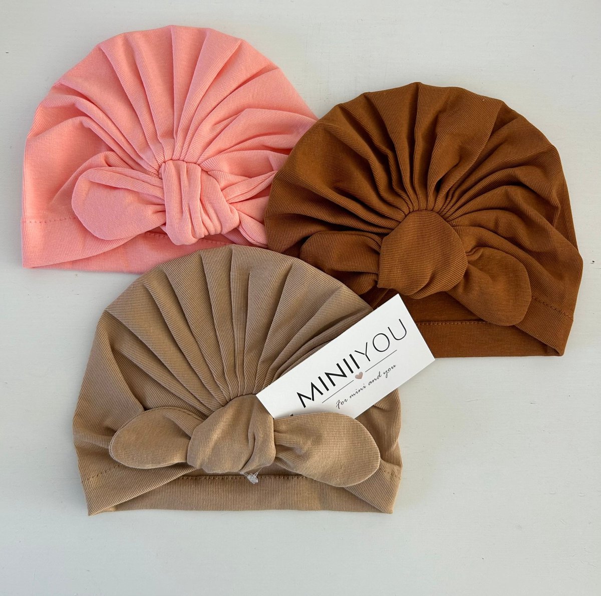 3 Pièces - Bonnets Bébé Nouveau-Né avec Noeud - 0-3 mois - Marron Beige Rose