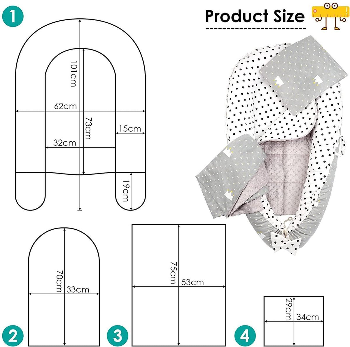 5 pièces équipement bébé ensemble inclus nid bébé 50x90 cm, oreiller cou, kussen plat, matelas bébé, doudou -. Anti-allergène, câline doux, avec des animaux doux, pour les bébés de 0 à 7 mois Oiseaux