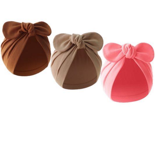 3 Pièces - Bonnets Bébé Nouveau-Né avec Noeud - 0-3 mois - Marron Beige Rose