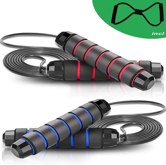 2 Pièces Corde à sauter réglable pour adultes et Enfants - Sport Jump professionnels et débutants Vélo - Fitness fitness Corde à sauter - Boxe et CrossFit long saut Speedrope avec poignée en mousse -180 Grams - Red & Blauw + gratuit élastique