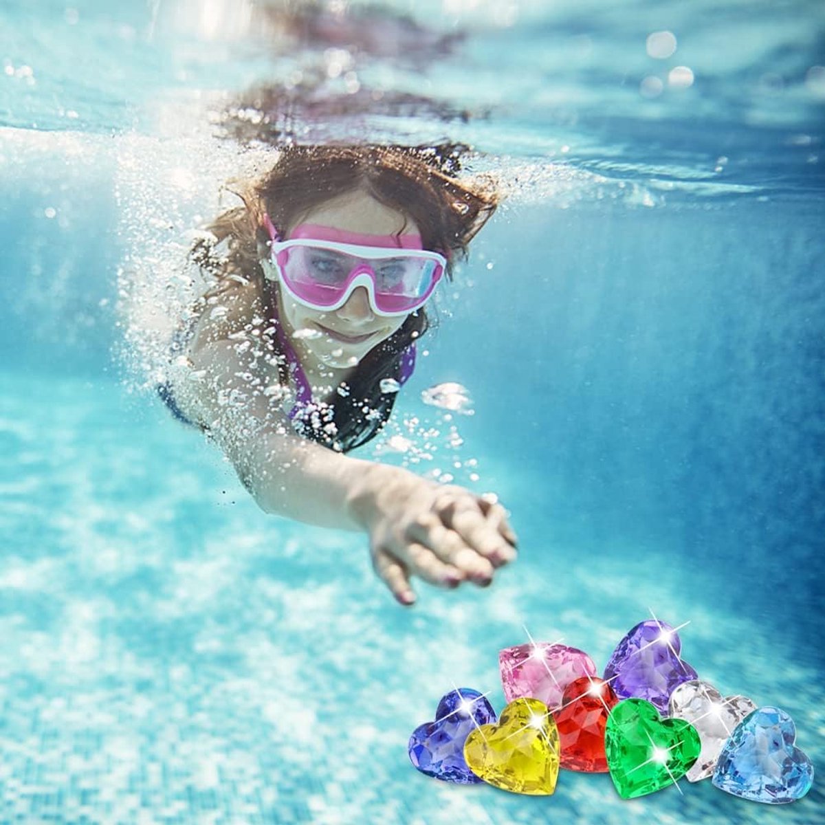 12 pièces trésor de diamant pour enfants de 40 mm - jouet de plongée pour enfants - diamants acryliques colorés - coloré - jouet de chasse au trésor pirate - pour plage - piscine - eau - parc (cœur multicolore)