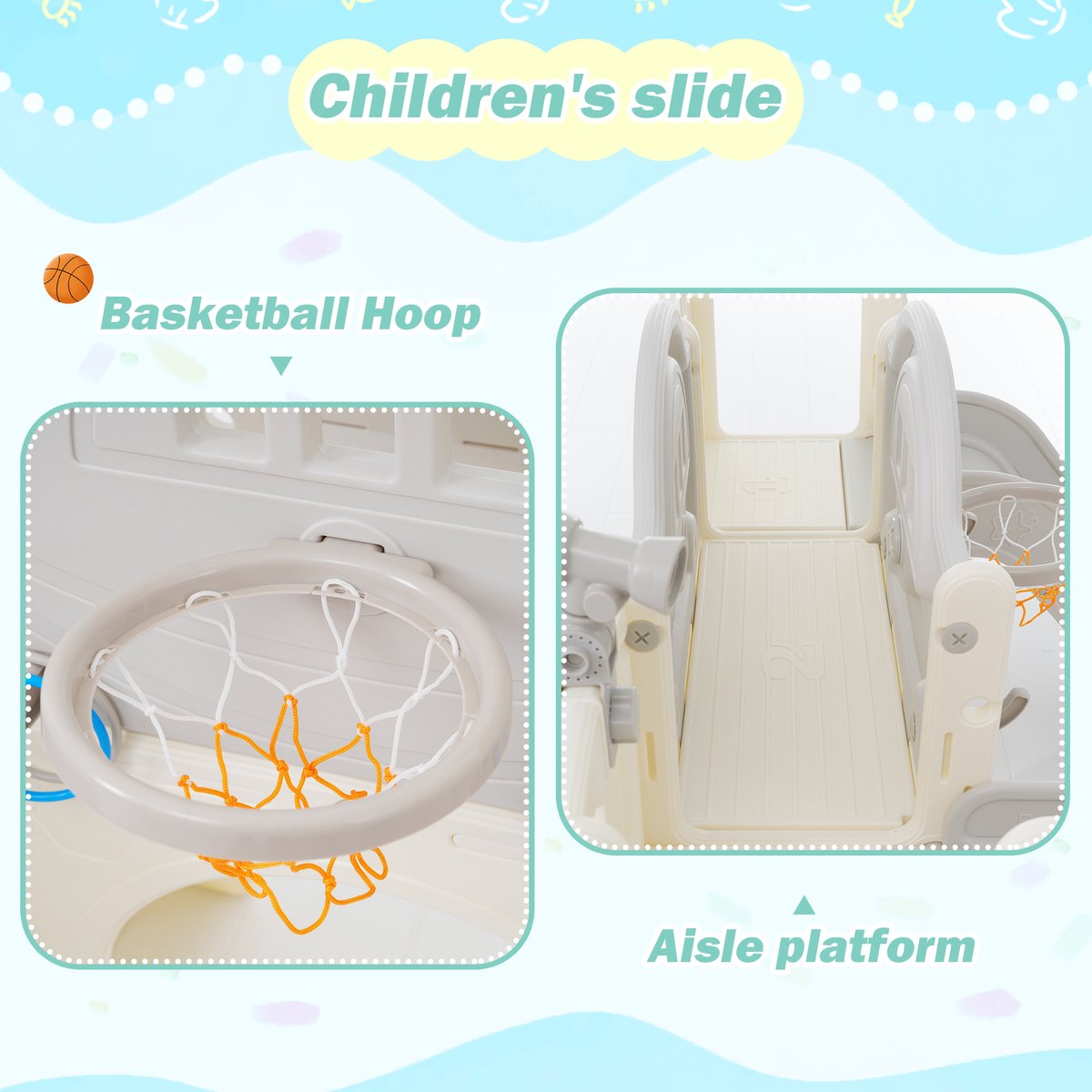 ZYLARO Équipement de Terrain de Jeux, Balançoire pour Enfants 4 en 1 avec Support de Basket-Ball, Échelle d'escalade, Toboggan, Toboggan de Jardin pour intérieur et extérieur, Rose, pour Enfants de 6 à 60 Mois