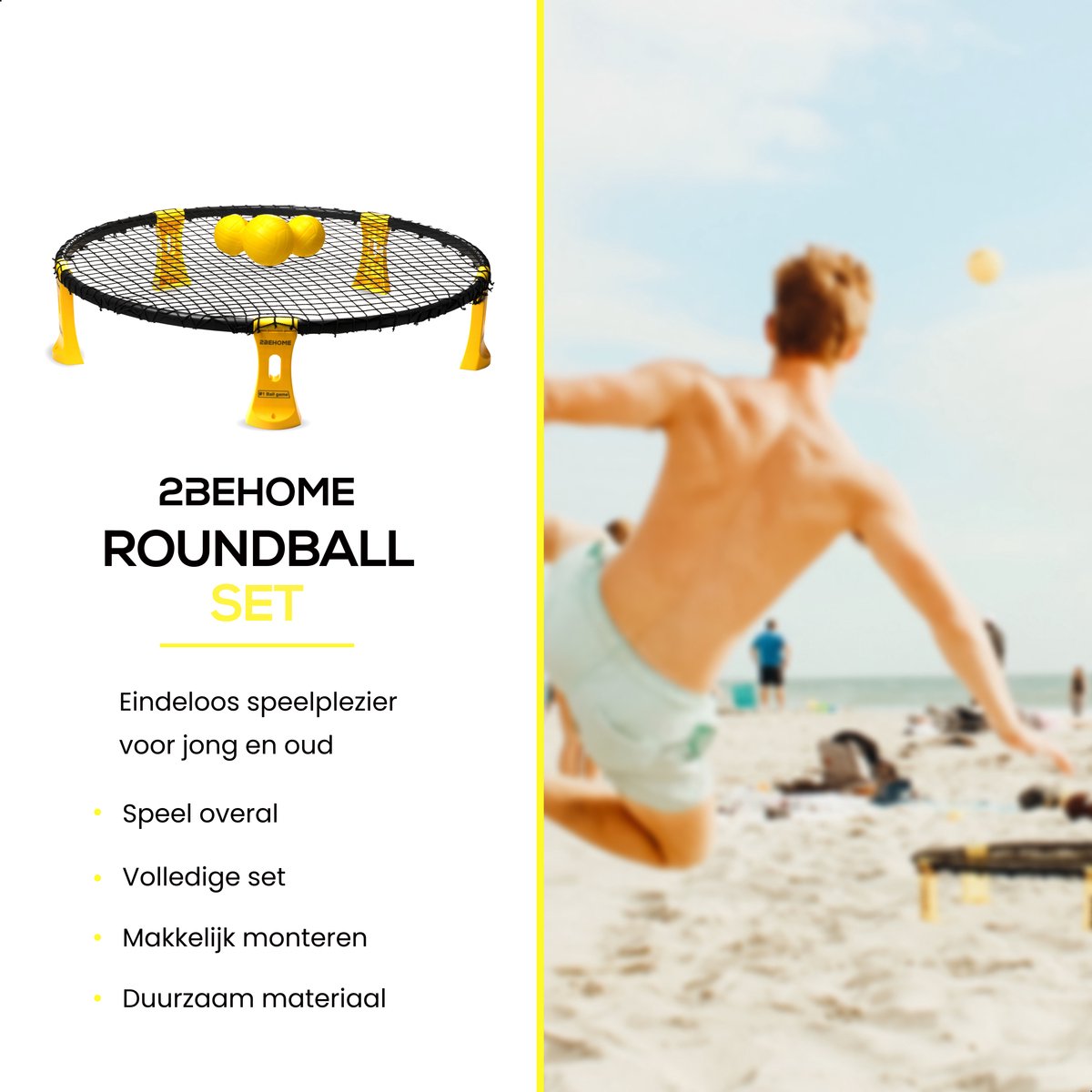 2BEHOME® Roundnet set incluant 3 balles, pompe à balles et sac de transport pratique - Convient pour jouer au Roundball, Smashball & Spikeball - Jaune