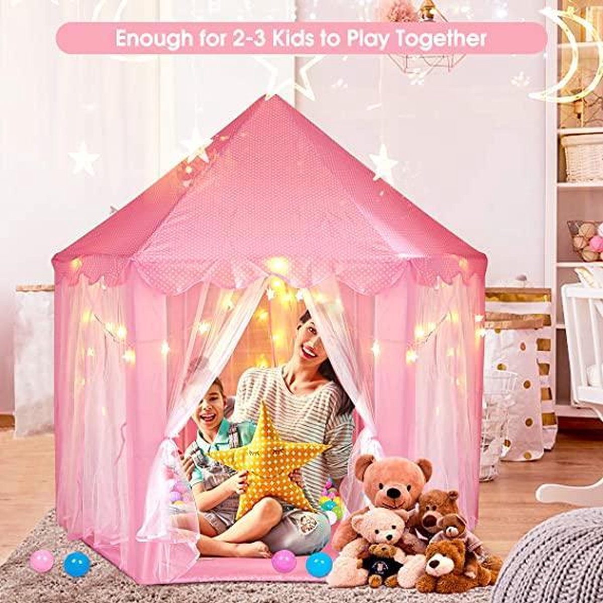 55 "x 53" Princess Castle Game Tente - Salle de jeux pour filles - Salle de jeux pour enfants - Jeux intérieurs et Outdoor Games- Pink- Livré avec des lumières LED