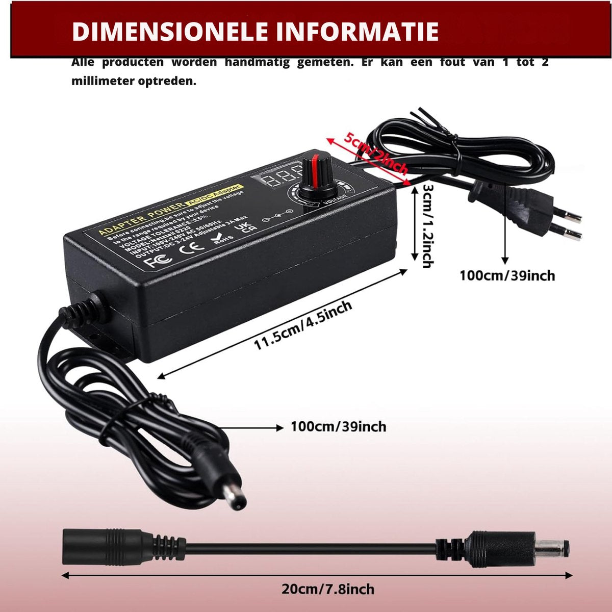 Adaptateur secteur réglable 3 V-24 V - Chargeur universel avec indicateur de tension LED