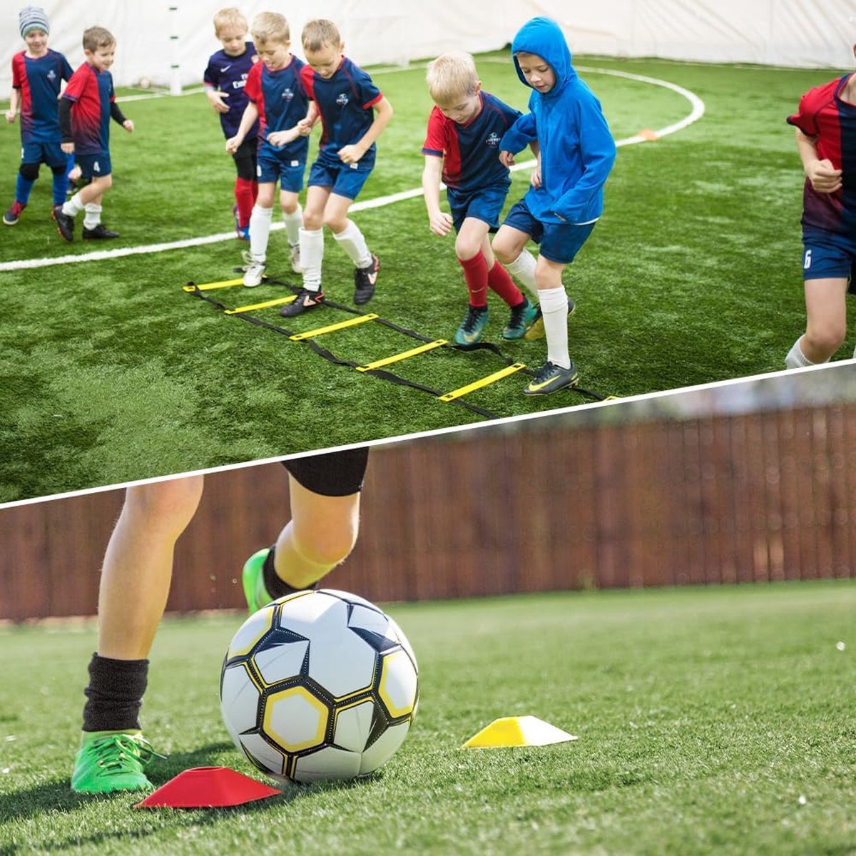 Accessoires d'entraînement de football, échelle de coordination, échelle d'entraînement, échelle de coordination avec 12 chapeaux, 4 poteaux, kit d'entraînement de football, équipement, accessoires, entraînement de football