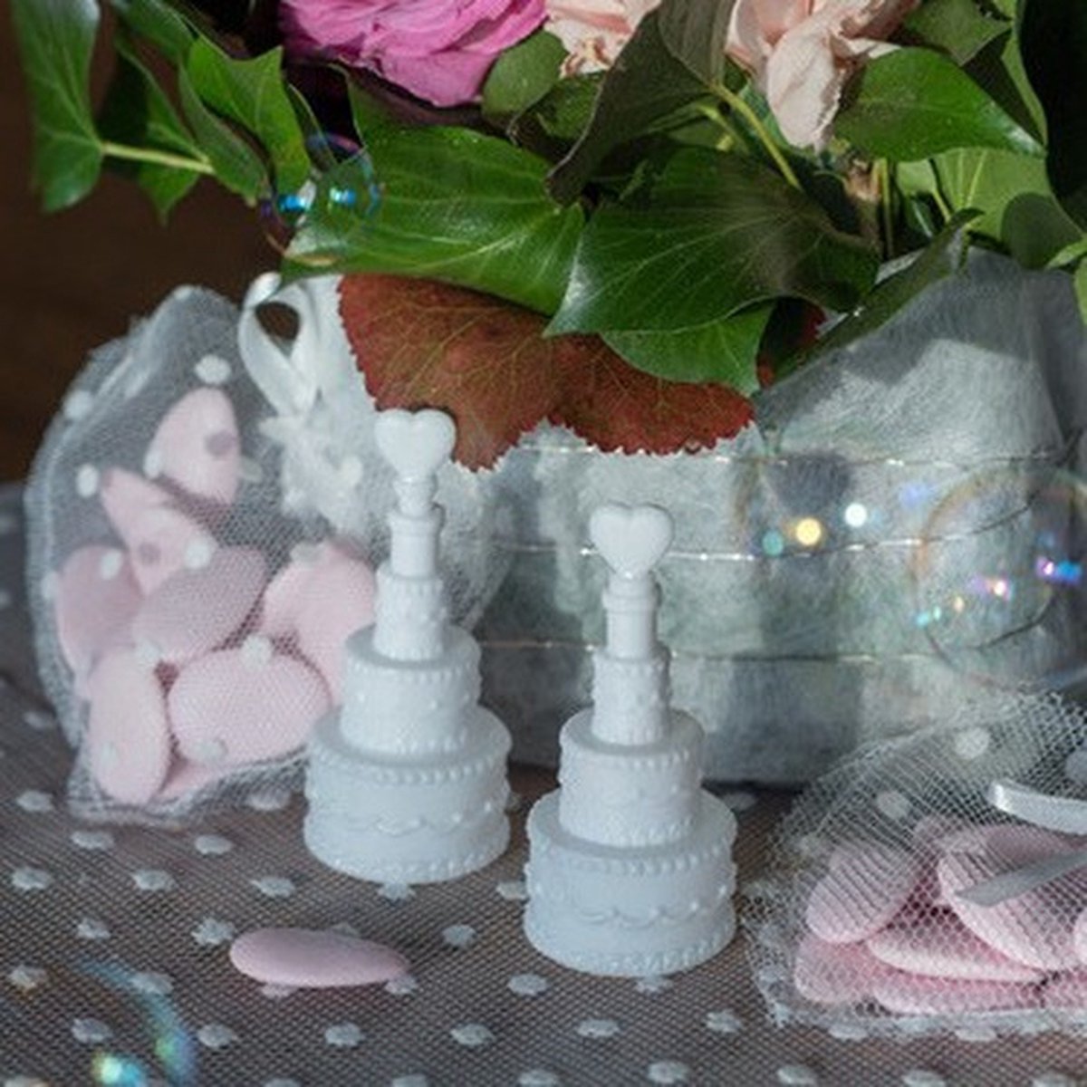 16x Gâteau de mariage soufflant à bulles avec coeur 3 x 7,5 cm - Soufflage à bulles - Mariage / mariage - Fournitures de fête des invités de mariage