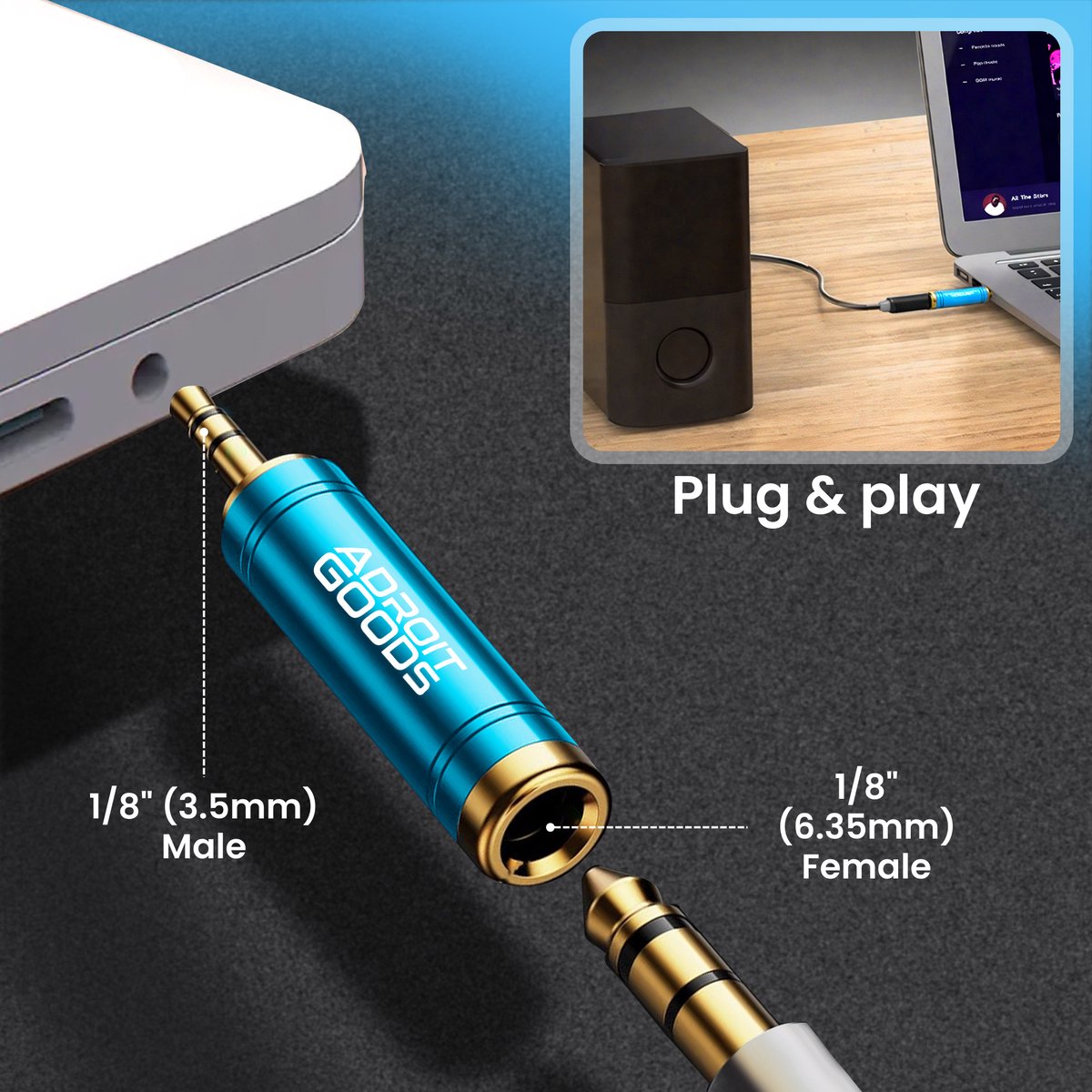 Adaptateur jack Audio AdroitGoods 6,35 mm Male vers 3,5 mm femelle - Plaqué or - Blauw