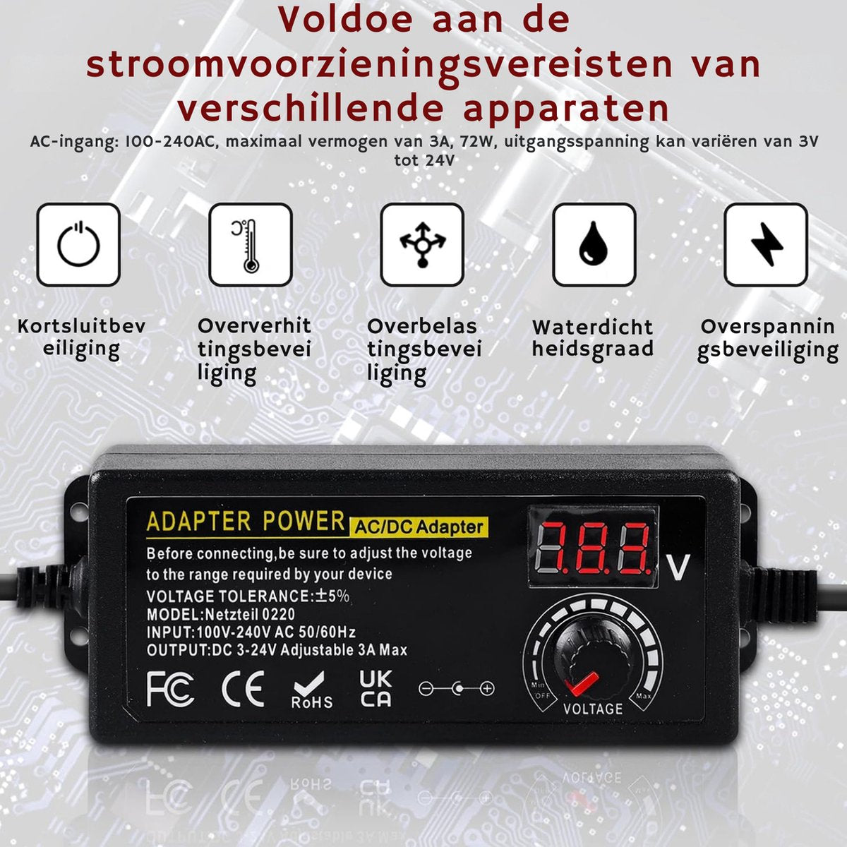 Adaptateur secteur réglable 3 V-24 V - Chargeur universel avec indicateur de tension LED