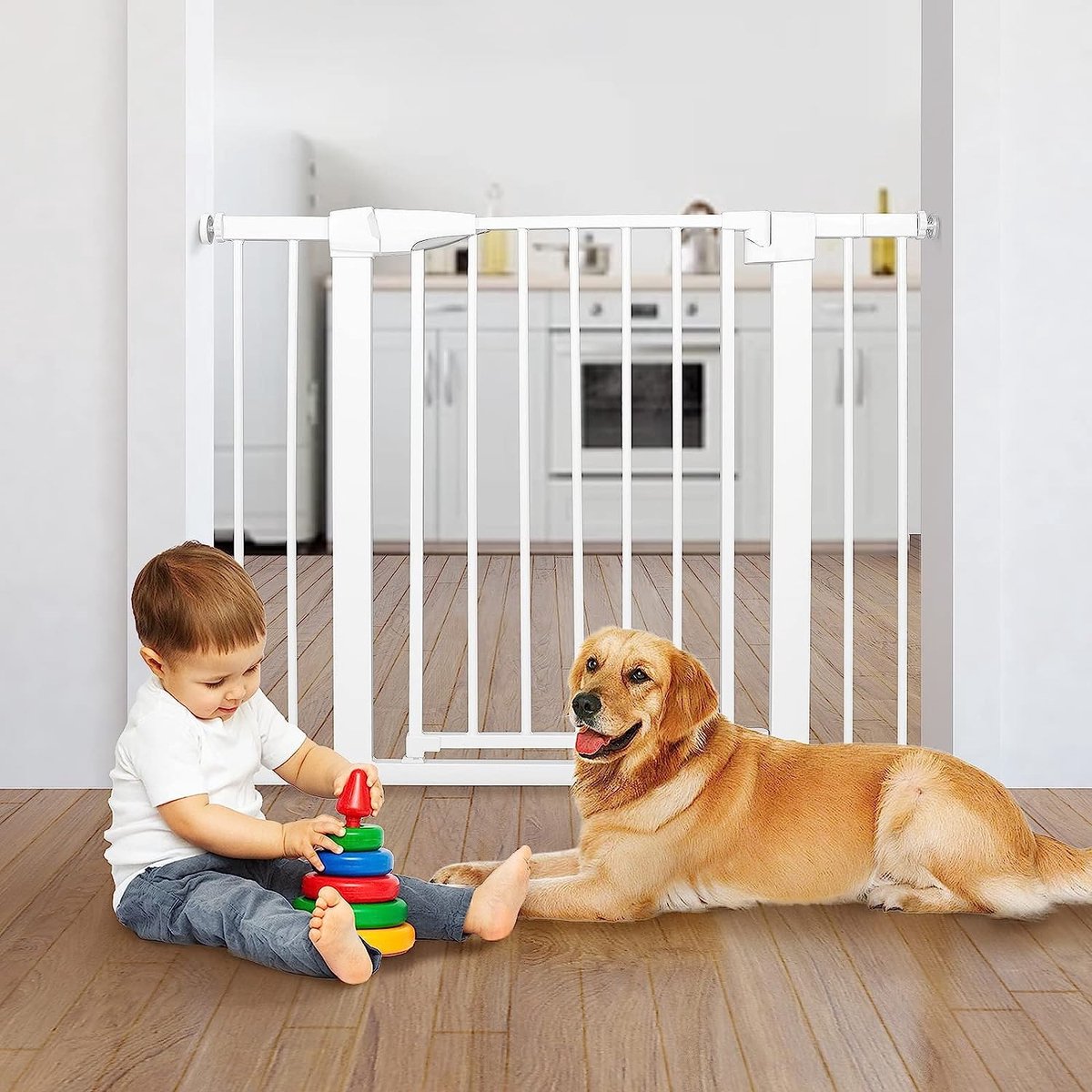 ADSafety Barrière d'escalier sans Embouts - 75 à 103 cm - Fixation à pince - Barrière de sécurité à fermeture automatique - Barrière enfant - Clôture pour chien - Wit