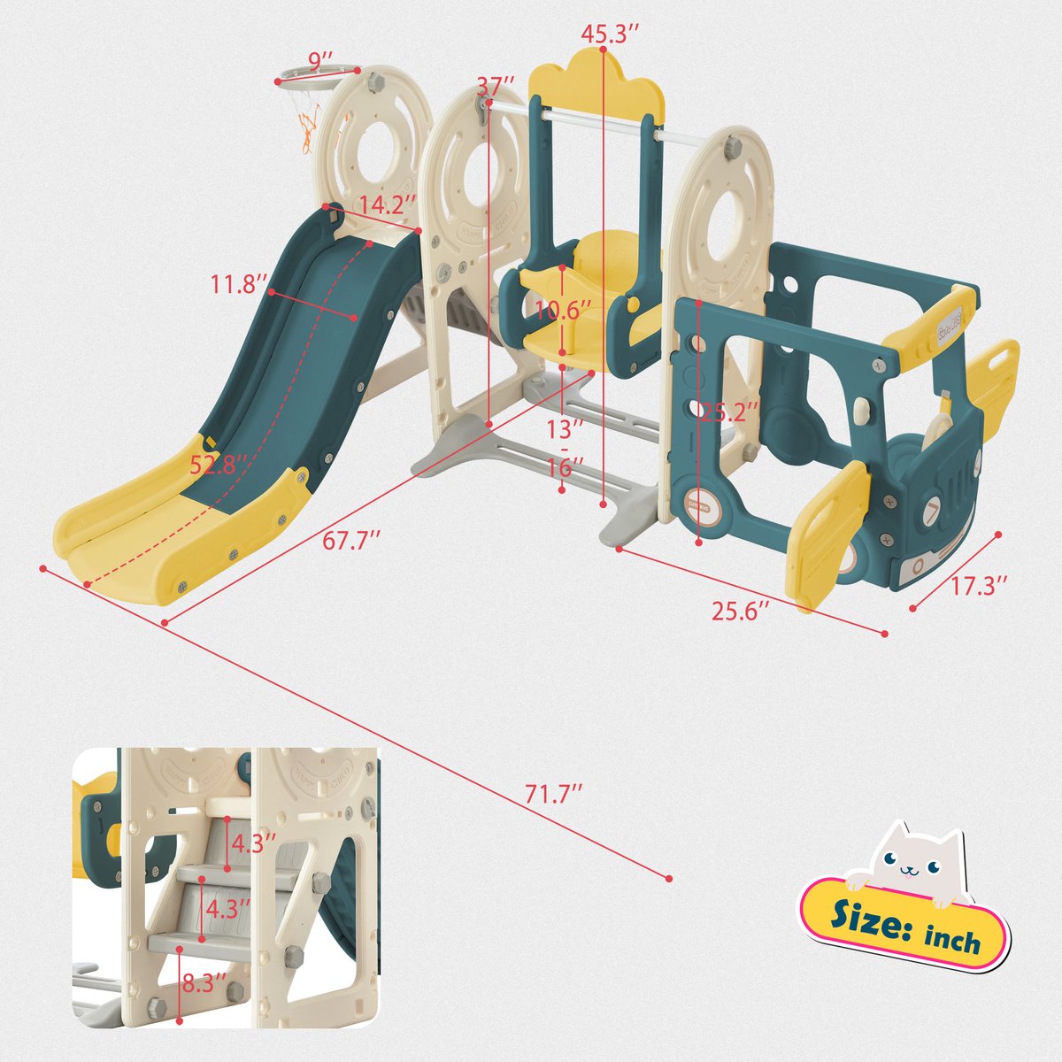 ZYLARO Équipement de Terrain de Jeux, Combinaison de Toboggan pour Enfants 5 en 1 avec Bus, balançoire, Toboggan, marches, Anneau de Basket et Basket-Ball Assorti, légumes, pour Enfants âgés de 1 à 6 Ans