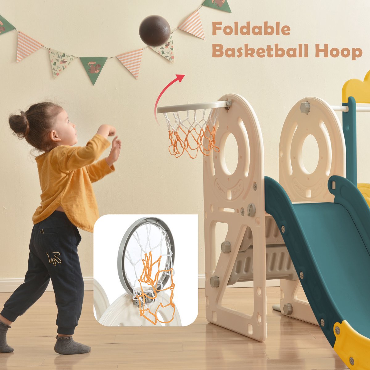 ZYLARO Équipement de Terrain de Jeux, Combinaison de Toboggan pour Enfants 5 en 1 avec Bus, balançoire, Toboggan, marches, Anneau de Basket et Basket-Ball Assorti, légumes, pour Enfants âgés de 1 à 6 Ans