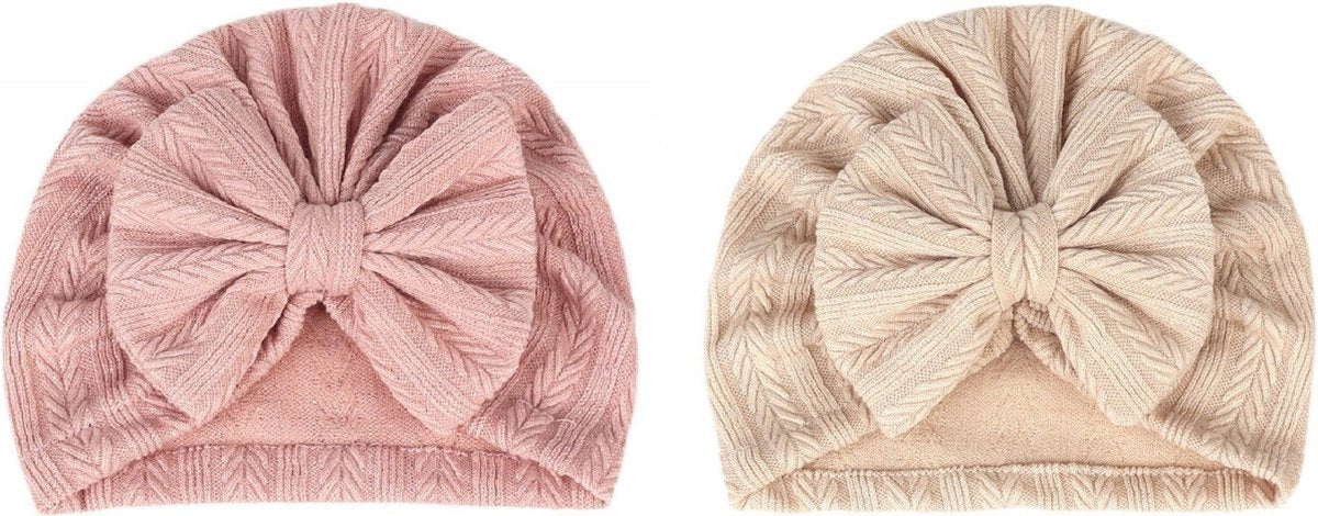 2 Pièces - Turban Bonnets Bébé Filles - Gros Noeud - Beige Rose - 3-15 mois