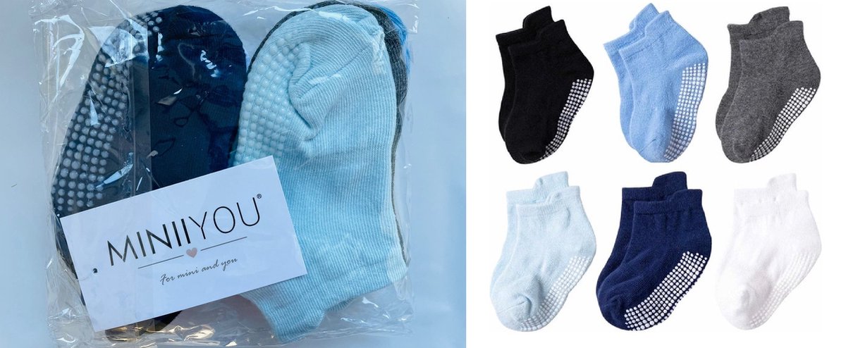 6 Paires - Chaussettes Antidérapantes Enfant Bébé - 6-12 Mois - Blauw Grijs - Chaussettes basses - Qualité Améliorée