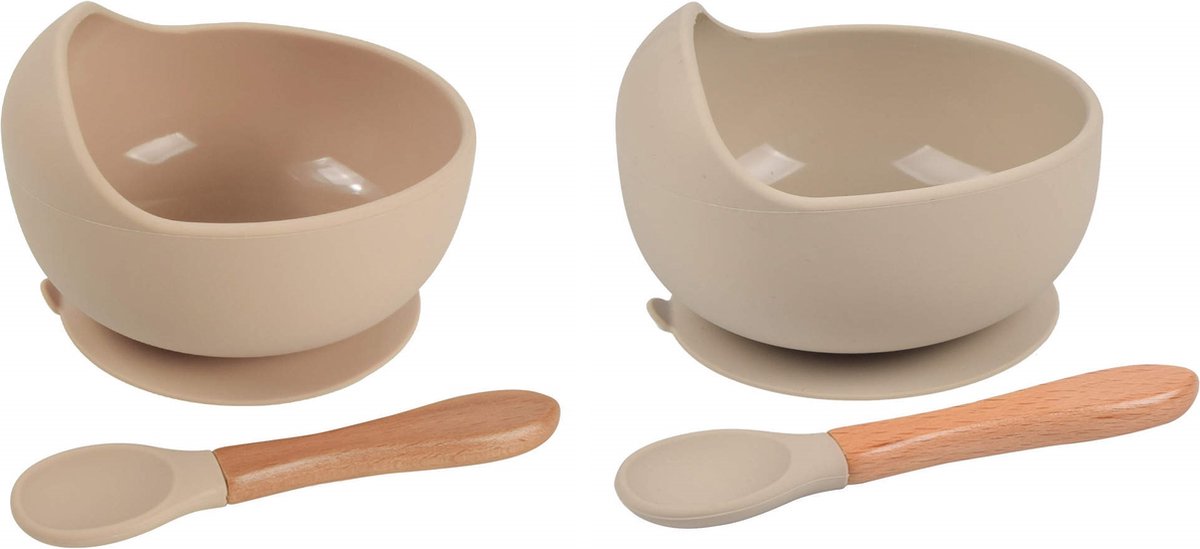 2 Pièces - Assiettes Bébé avec Ventouse avec Cuillère - Beige Taupe - Kom en Siliconen Incassable